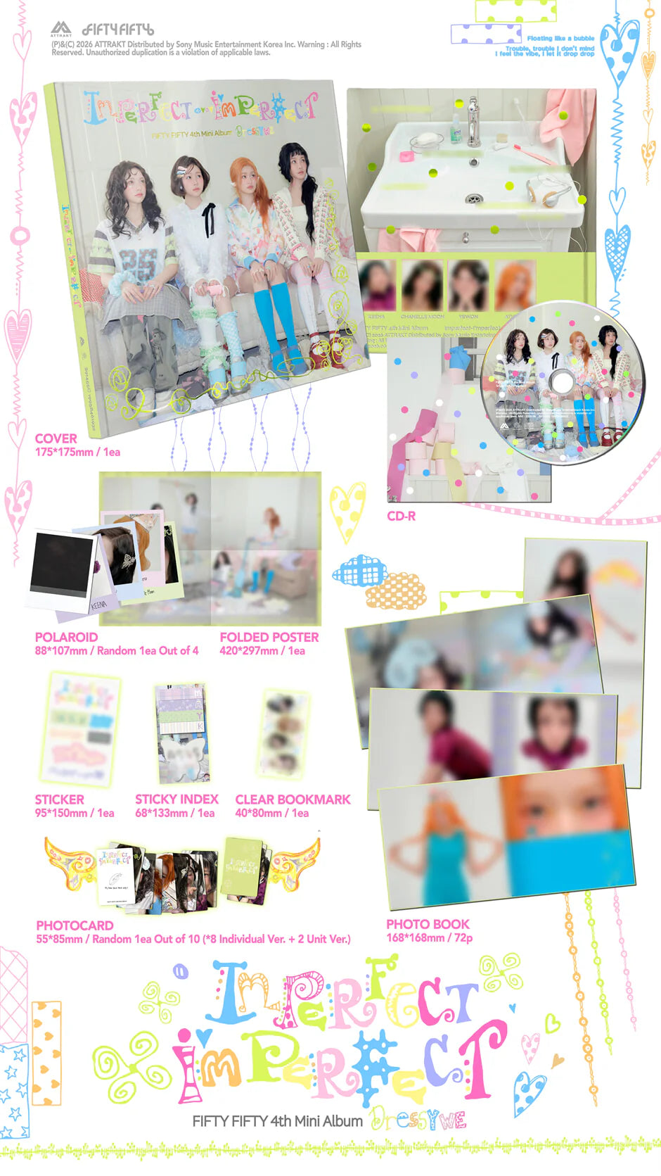 Collection of photos of FIFTY FIFTY's album inclusions showing a CD, poster, polaroid, photobook, sticker, bookmark and photocards.