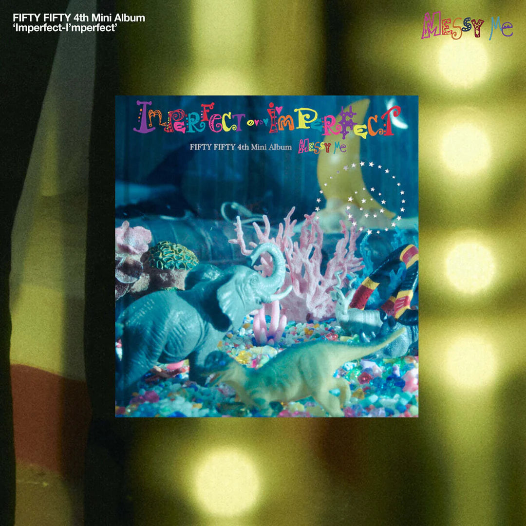 FIFTY FIFTY's album cover with underwater scene and text 'Imperfect-I'mPerfect' on a reflective surface.