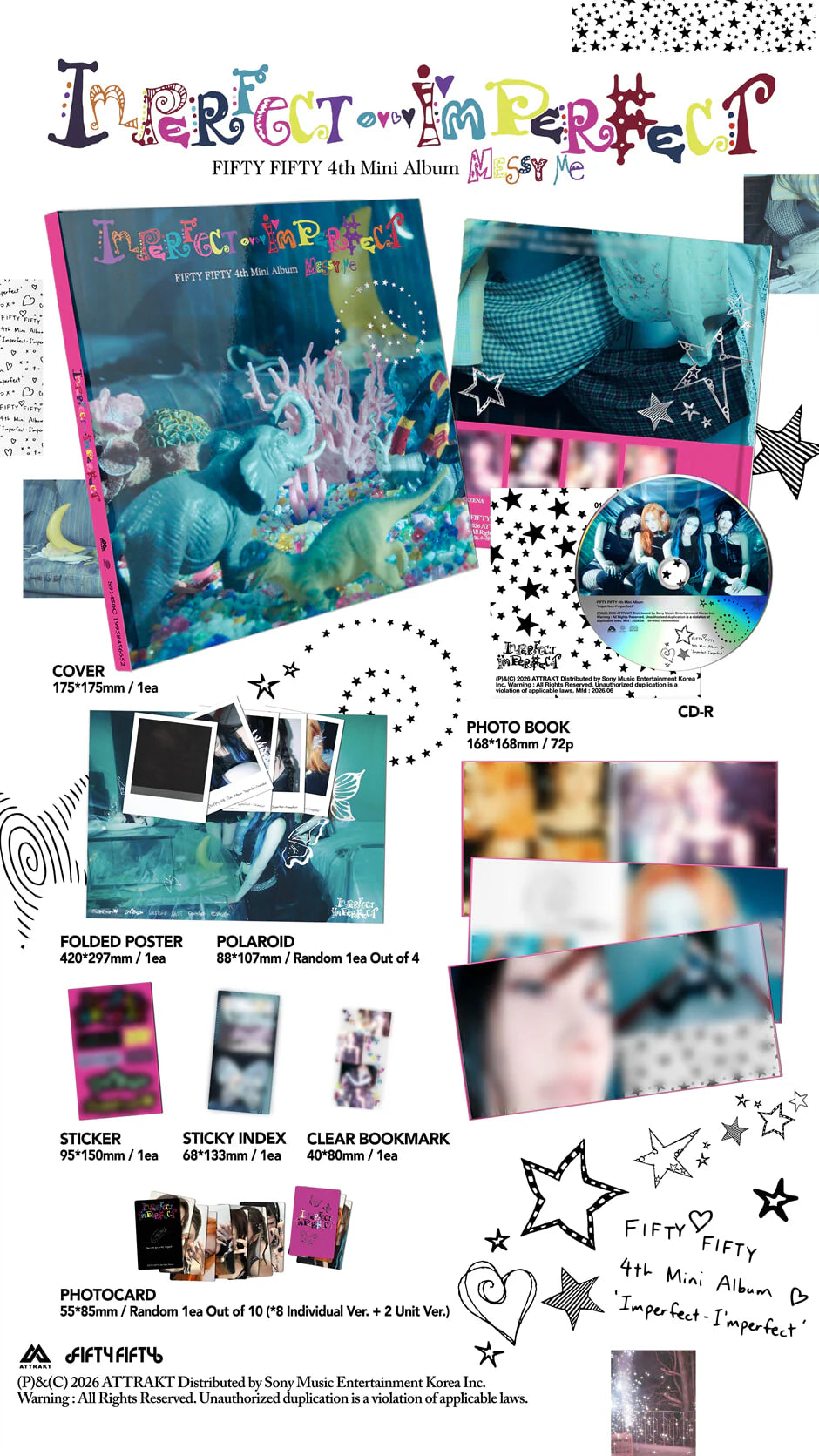 Fifty Fifty 4th Mini Album 'Imperfect' with various images of product inclusions and text.