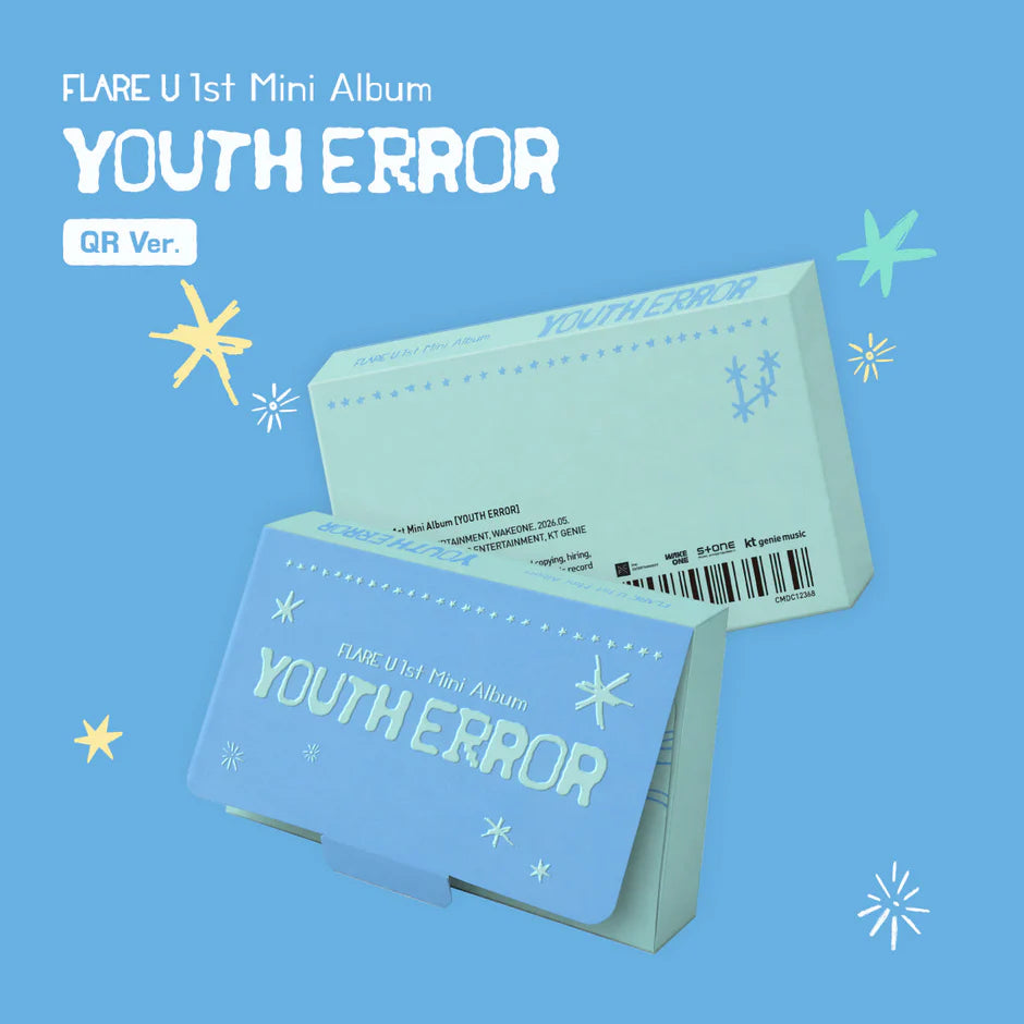 FLARE U's 1st mini album packaging on a blue background