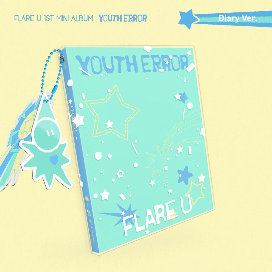 FLARE U's 1st mini album packaging on a yellow background