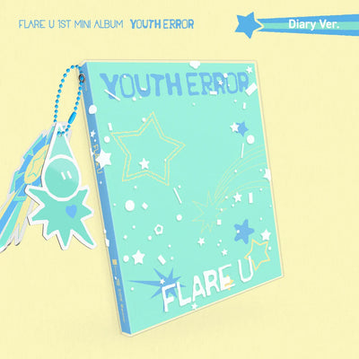 FLARE U's 1st mini album packaging on a yellow background