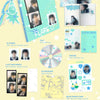 FLARE U's 1st mini album inclusions showing photo books, photo cards, and CD envelopes on a yellow background.