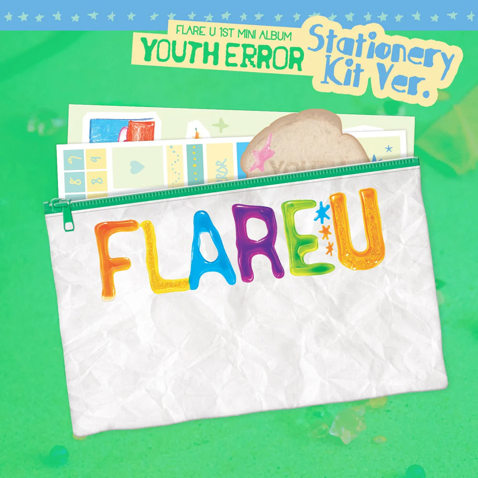 FLARE U's 1st mini album pouch packaging with a green background