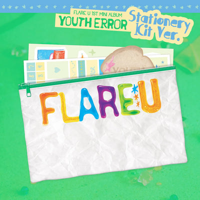 FLARE U's 1st mini album pouch packaging with a green background