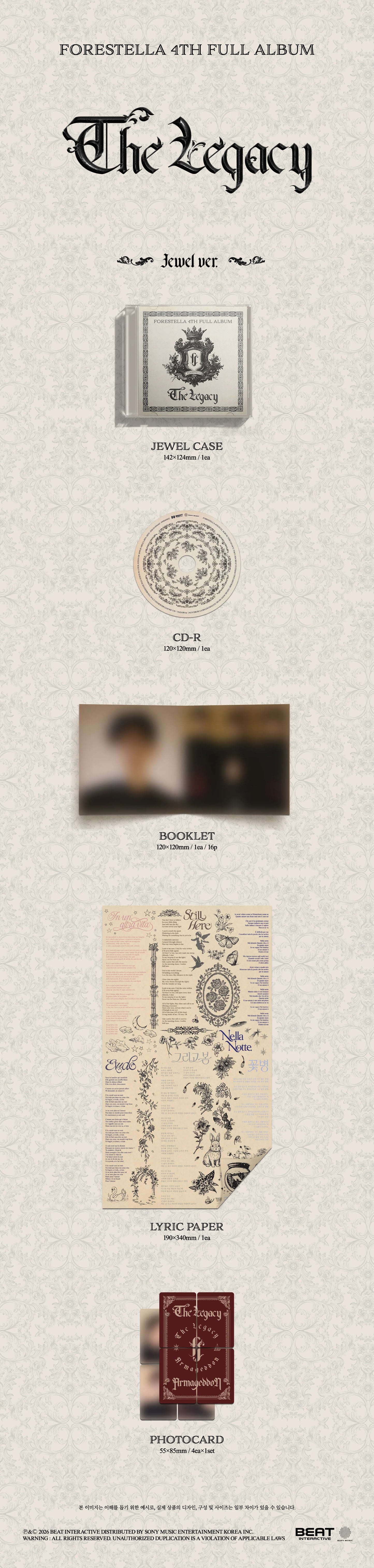 Album cover for FORESTELLA's 'The Legacy' with various design elements on a beige background