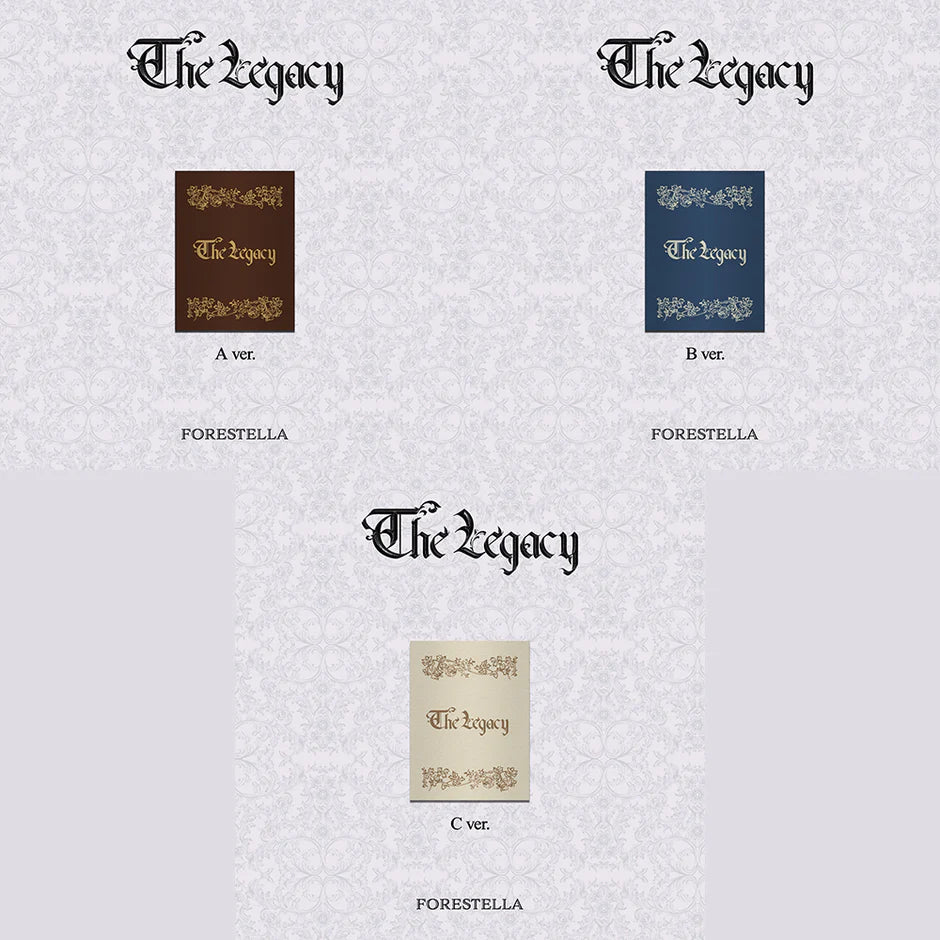 Three versions of 'The Legacy' album cover by FORESTELLA on a textured white background.