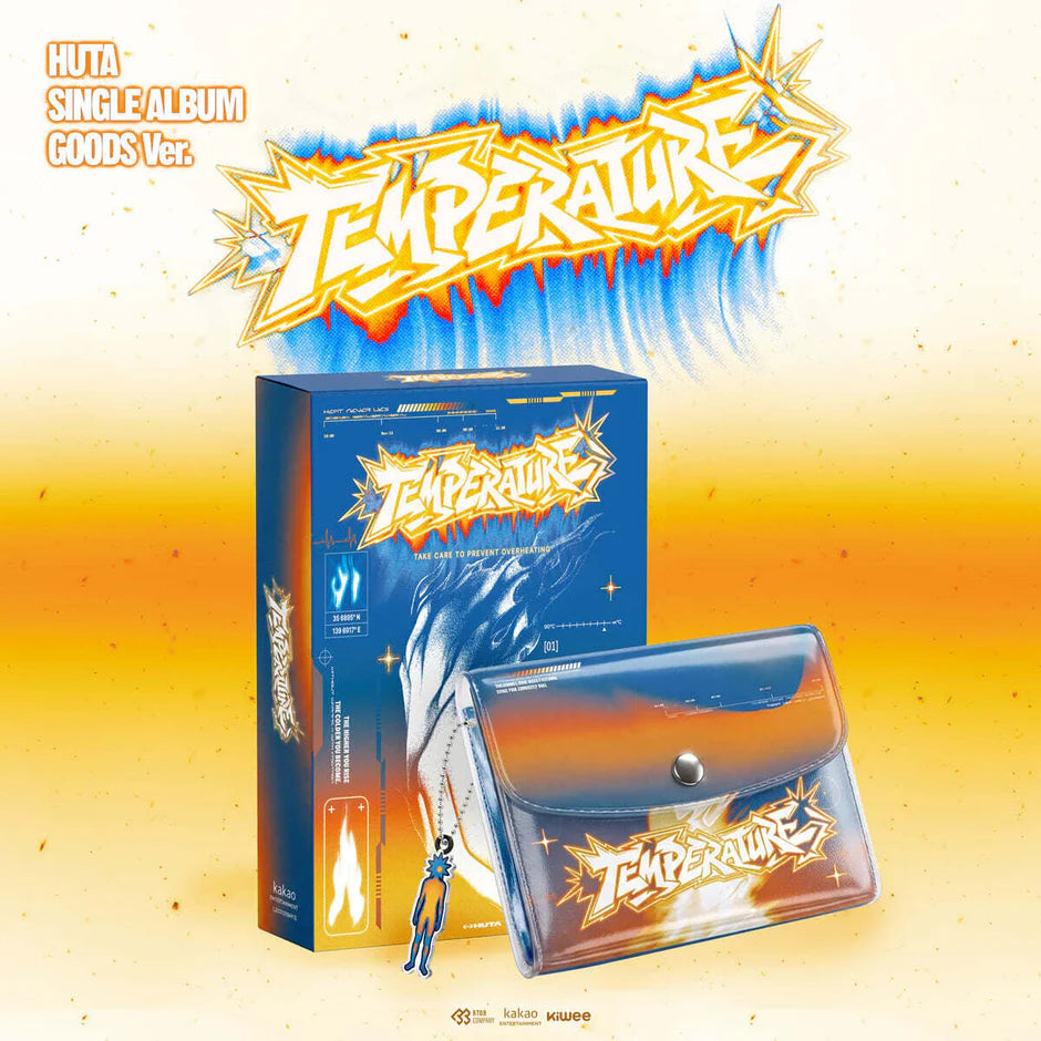 HUTA Single Album Goods Ver. 'Temperature' package set featuring a blue illustrated box and a clear acrylic pouch with a printed 'Temperature' graphic, on a yellow-to-white gradient background with stylized title text.