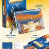 A product display sheet for HUTA's 'Temperature' single package, featuring a PVC pouch, acrylic keyring, outbox, QR card, album manual, and five selfie photocards arranged on a yellow-to-orange gradient background.