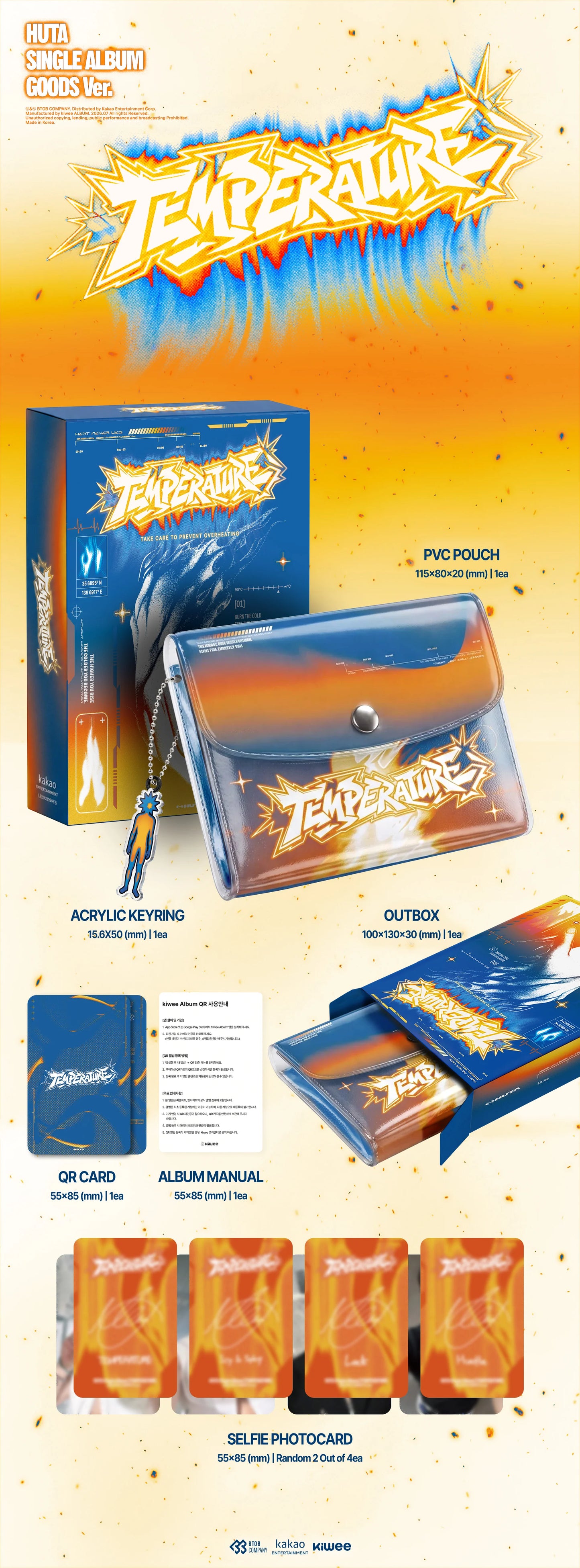 A product display sheet for HUTA's 'Temperature' single package, featuring a PVC pouch, acrylic keyring, outbox, QR card, album manual, and five selfie photocards arranged on a yellow-to-orange gradient background.