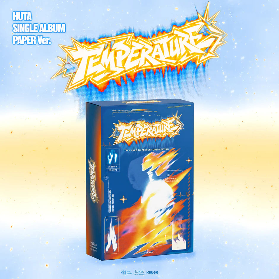 HUTA's single album 'Temperature' Paper Ver. box set shown against a light blue and yellow gradient background with matching album title graphics.