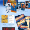 A promotional collage for the 'Temperature' album by HUTA, featuring the album cover, QR code, mini bookmark, secret message card and multiple printed photo cards arranged on a light blue background with the album's graphic text at the top