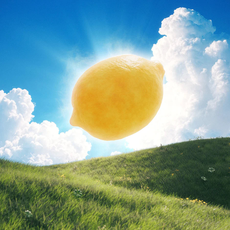 Lemon floating in the sky above a grassy field with clouds