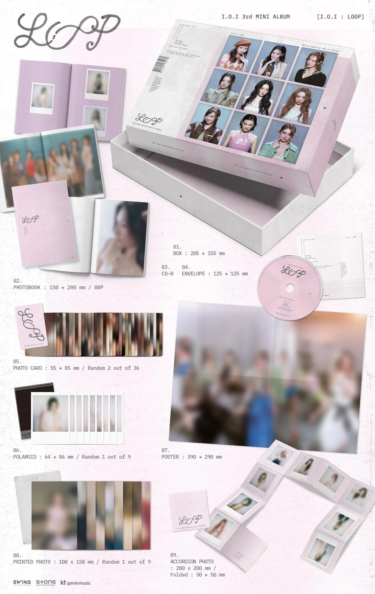 I.O.I 3rd mini album inclusions showing various items in a white background