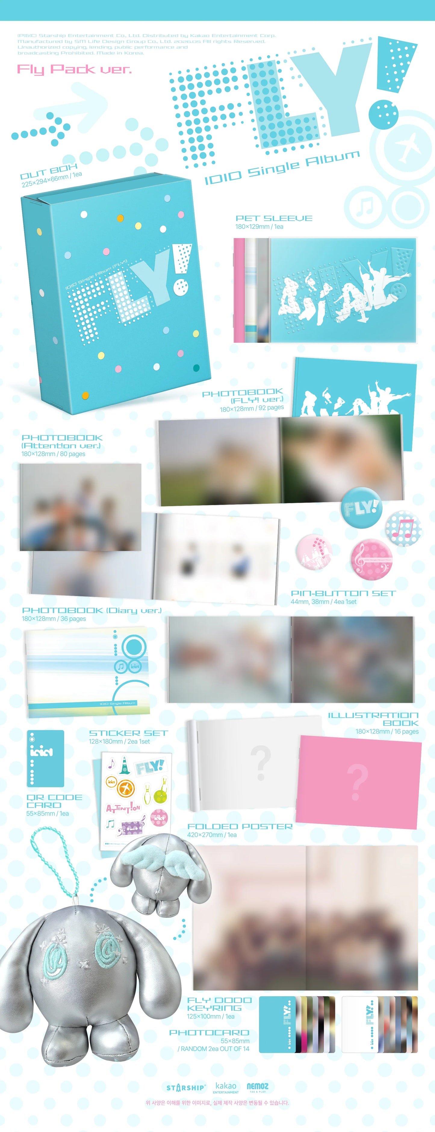 Product inclusions for IDID's single album with 2 photobooks, poster, stickers, keyring, photocards