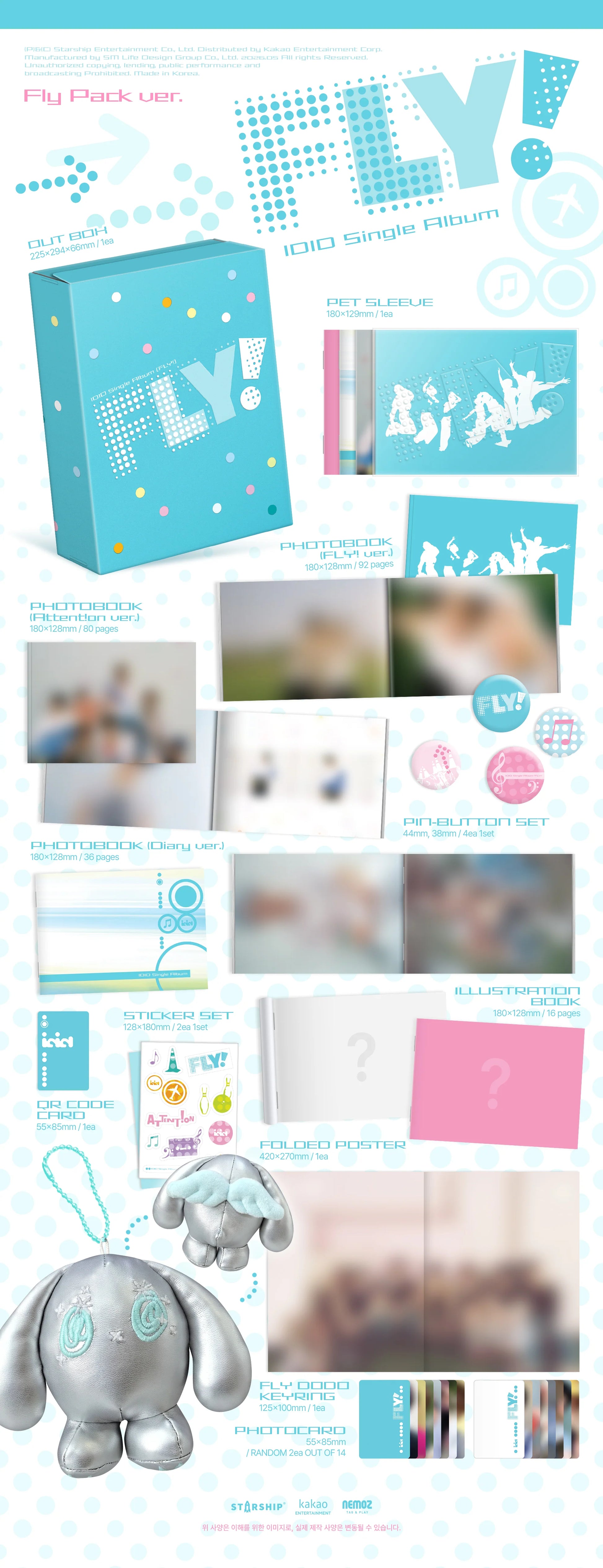 Product inclusions for IDID's single album with 2 photobooks, poster, stickers, keyring, photocards