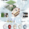 ITZY's album inclusions with cake-shaped keychain and related items on a snowy background and Motto branding