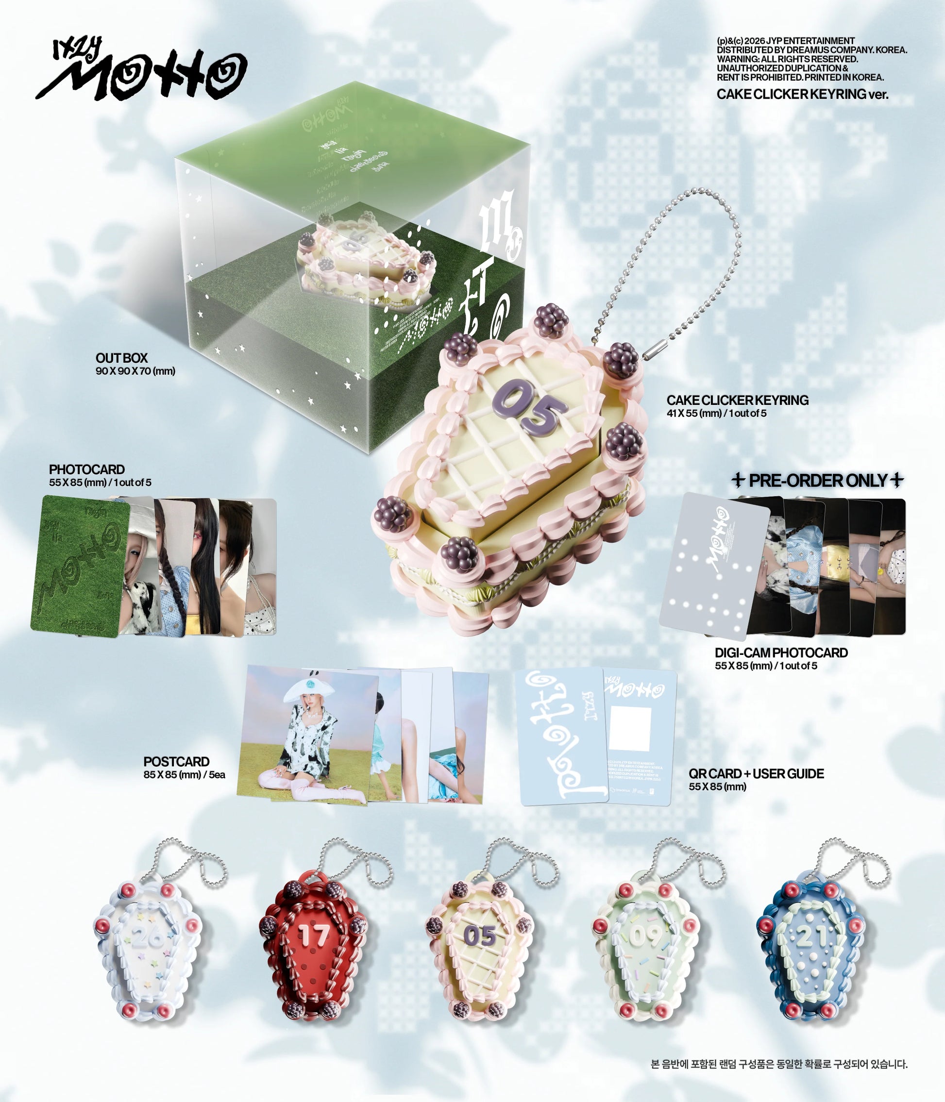 ITZY's album inclusions with cake-shaped keychain and related items on a snowy background and Motto branding