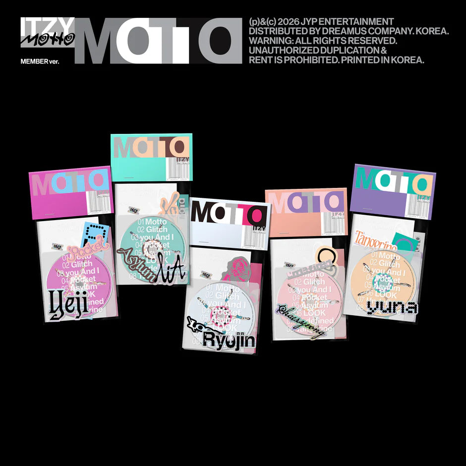 Collection of colorful covers of ITZY's Motto album on a black background