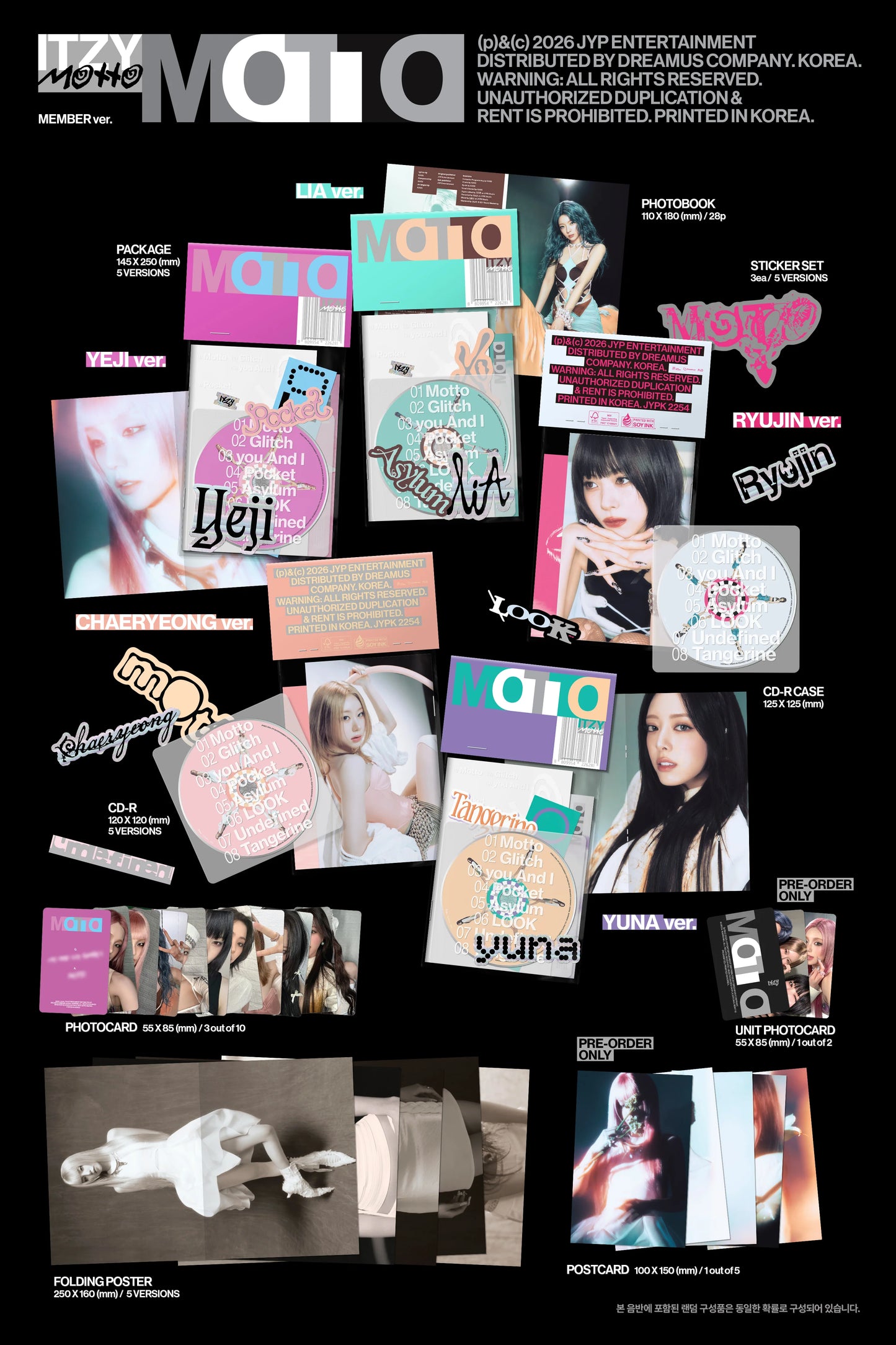 Collection of colourful album covers of ITZY's 'Motto' with names on a black background. 