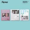 Three photo books of ITZY's album 
Motto' with different covers on a light blue background
