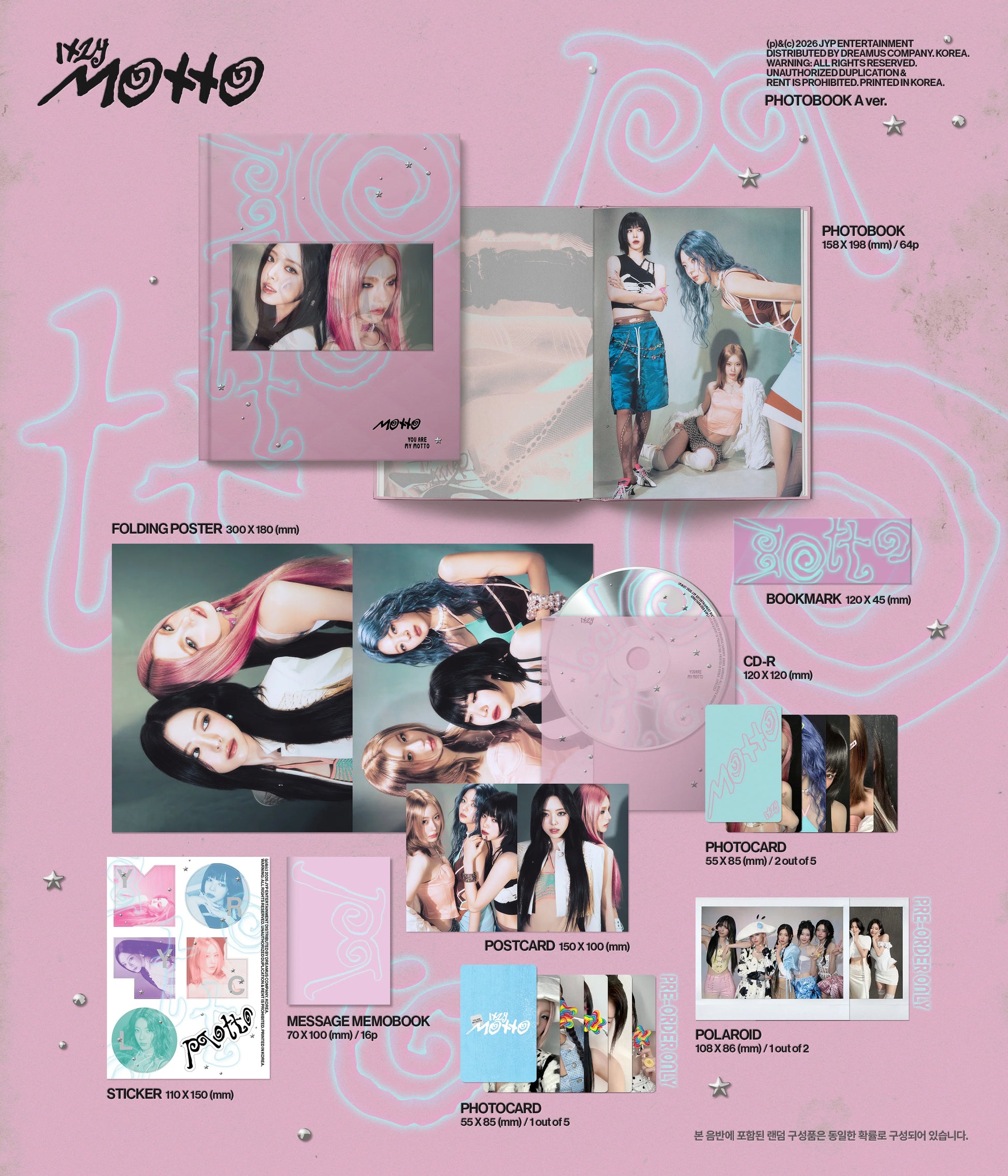 Product display of a inclusions of ITZY's album 'Motto' with various items including a photobook, poster, and postcards on a pink background.
