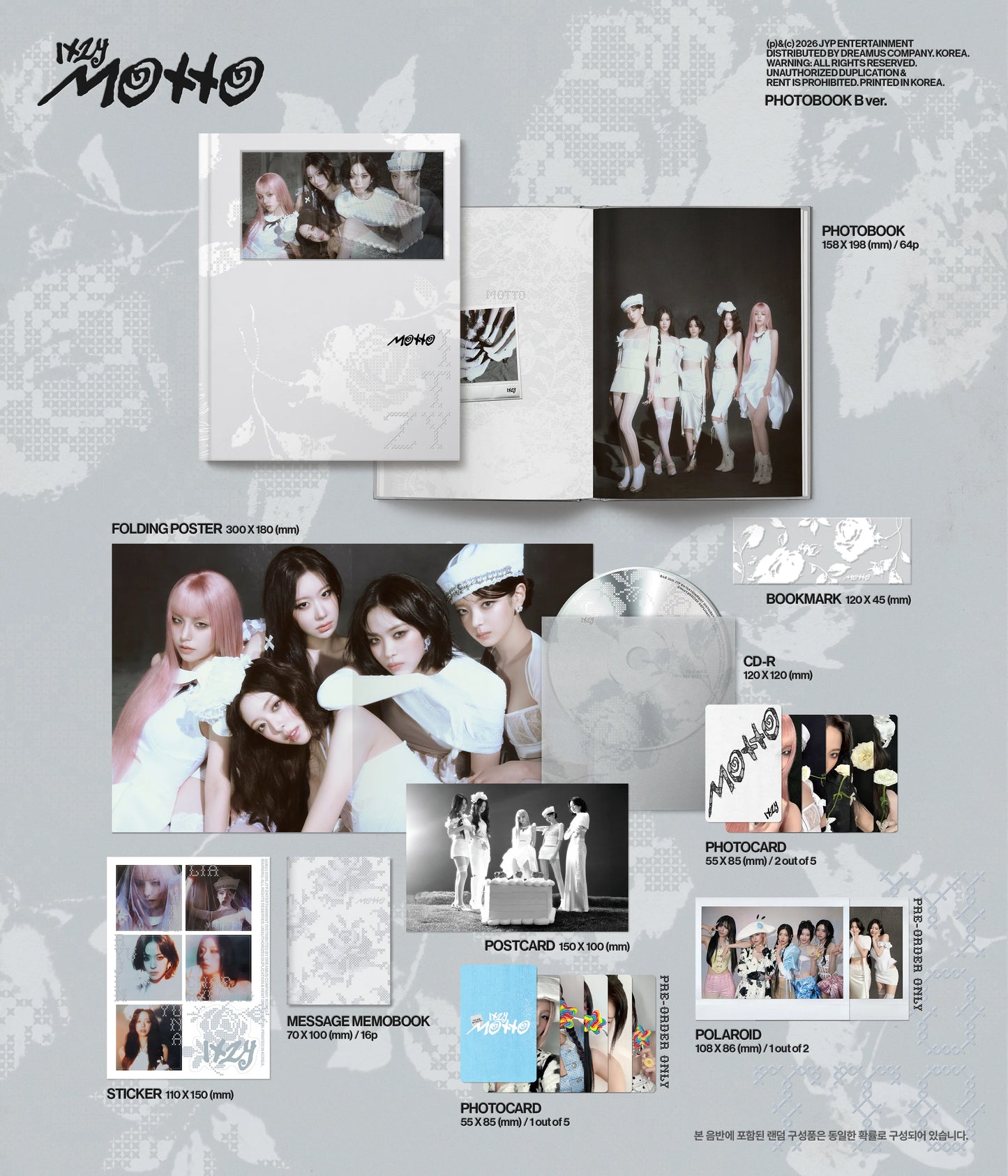 Product display of a inclusions of ITZY's album 'Motto' with various items including a photobook, poster, and postcards on a light gray background.