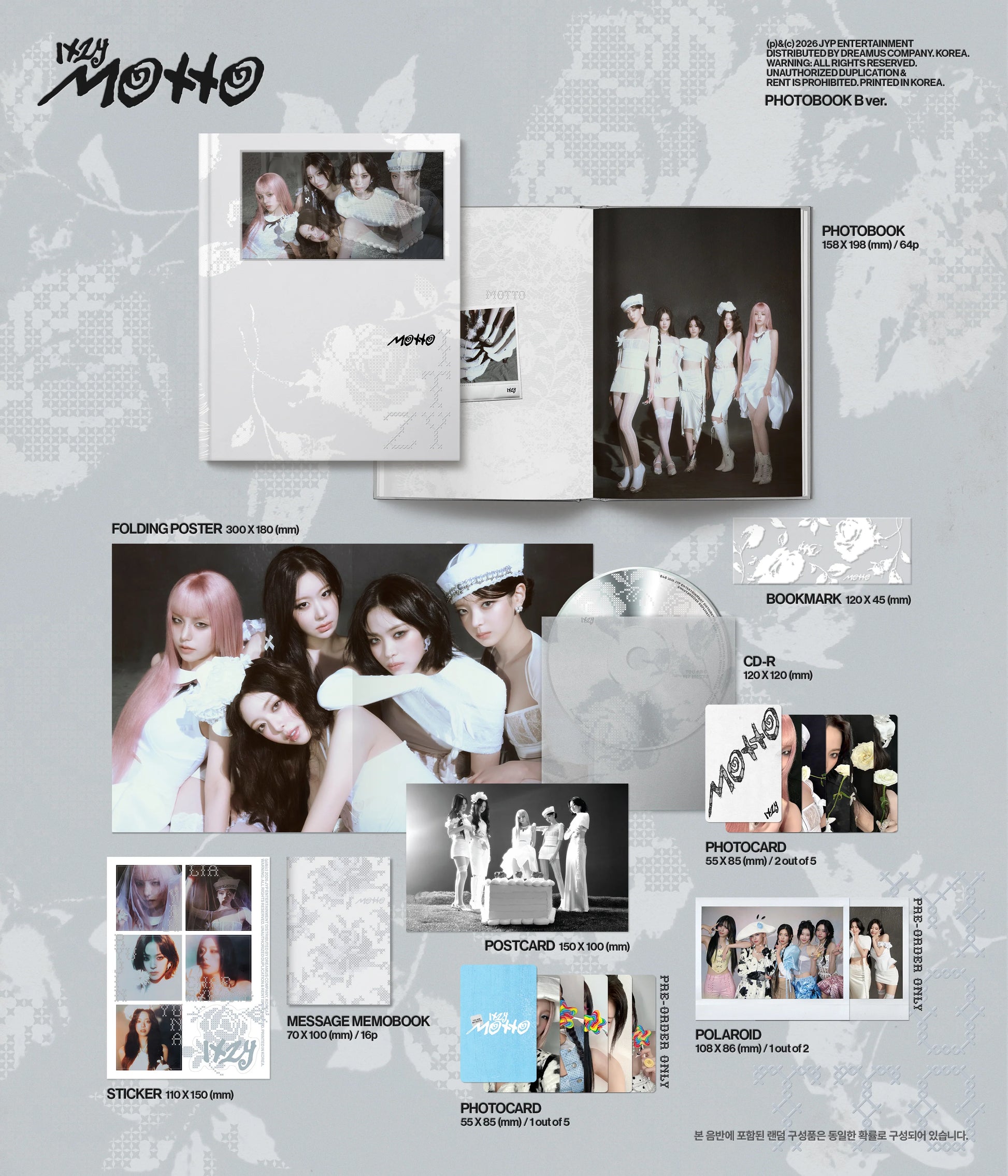 Product display of a inclusions of ITZY's album 'Motto' with various items including a photobook, poster, and postcards on a light gray background.