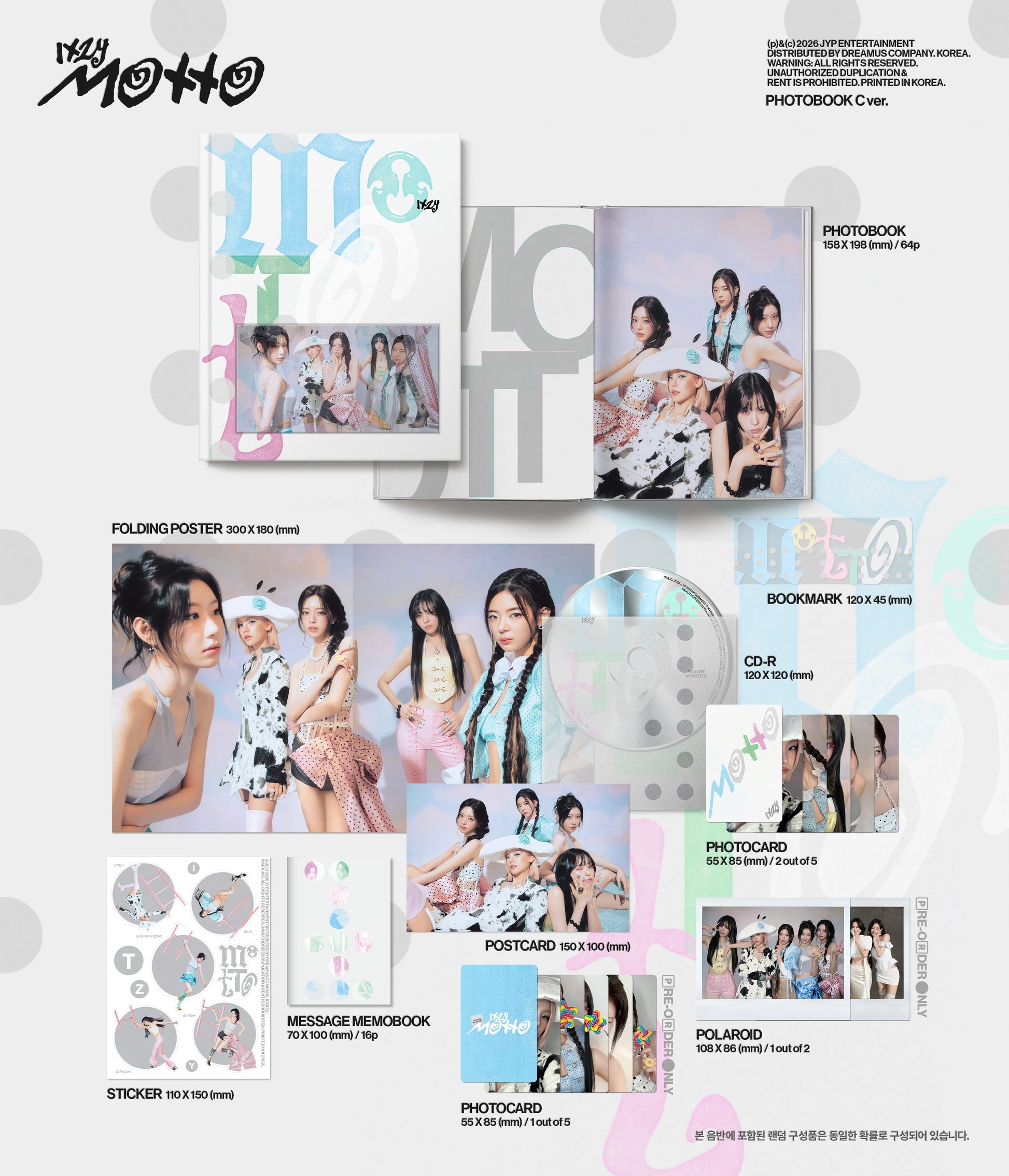 Product display of a inclusions of ITZY's album 'Motto' with various items including a photobook, poster, and postcards on a white background.