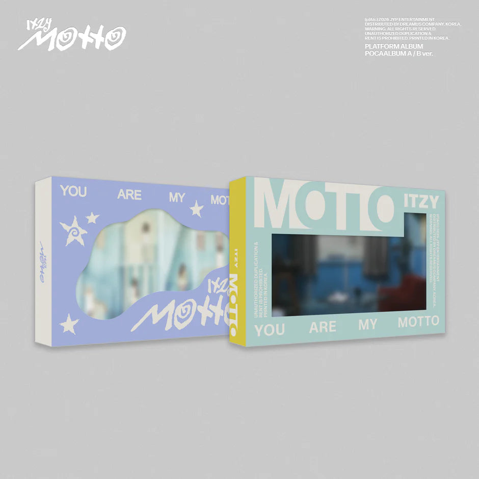 Two framed pictures with 'MOTTO ITZY' branding on a gray background
