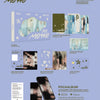 Album inclusions for ITZY's MOTTO with various items like photocards, sticker and digital content on a light blue background.