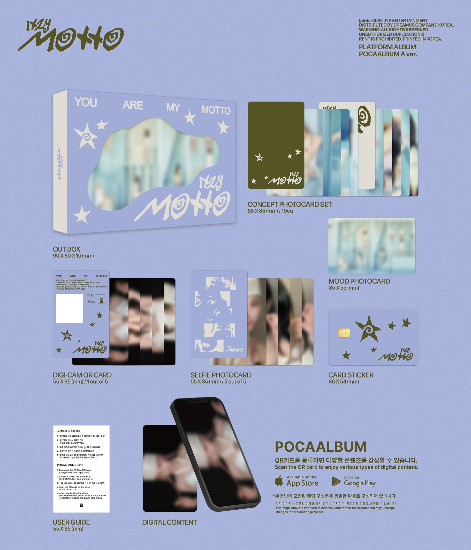 Album inclusions for ITZY's MOTTO with various items like photocards, sticker and digital content on a light blue background.
