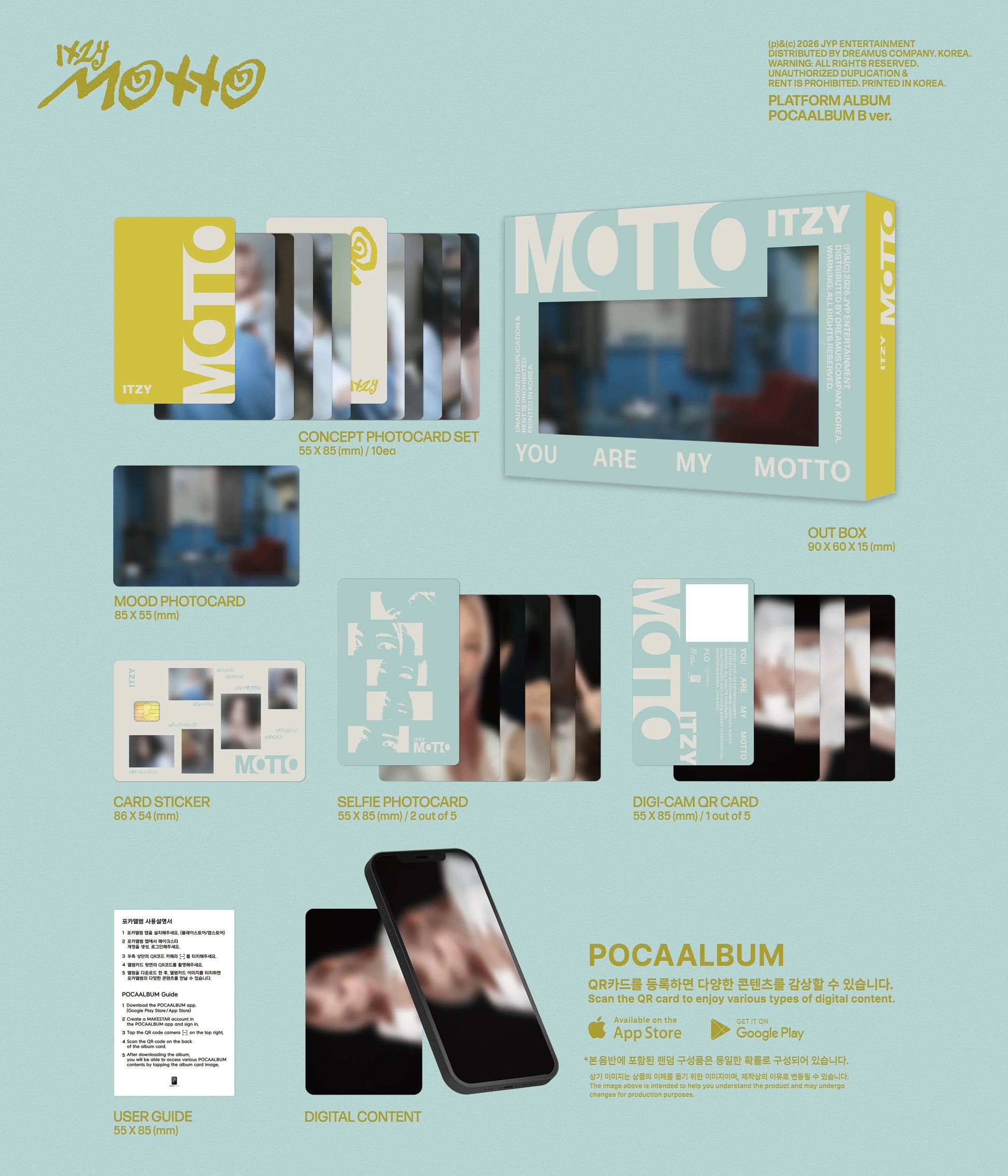 Album inclusions for ITZY's MOTTO with various items like photocards, sticker and digital content on a light green background.