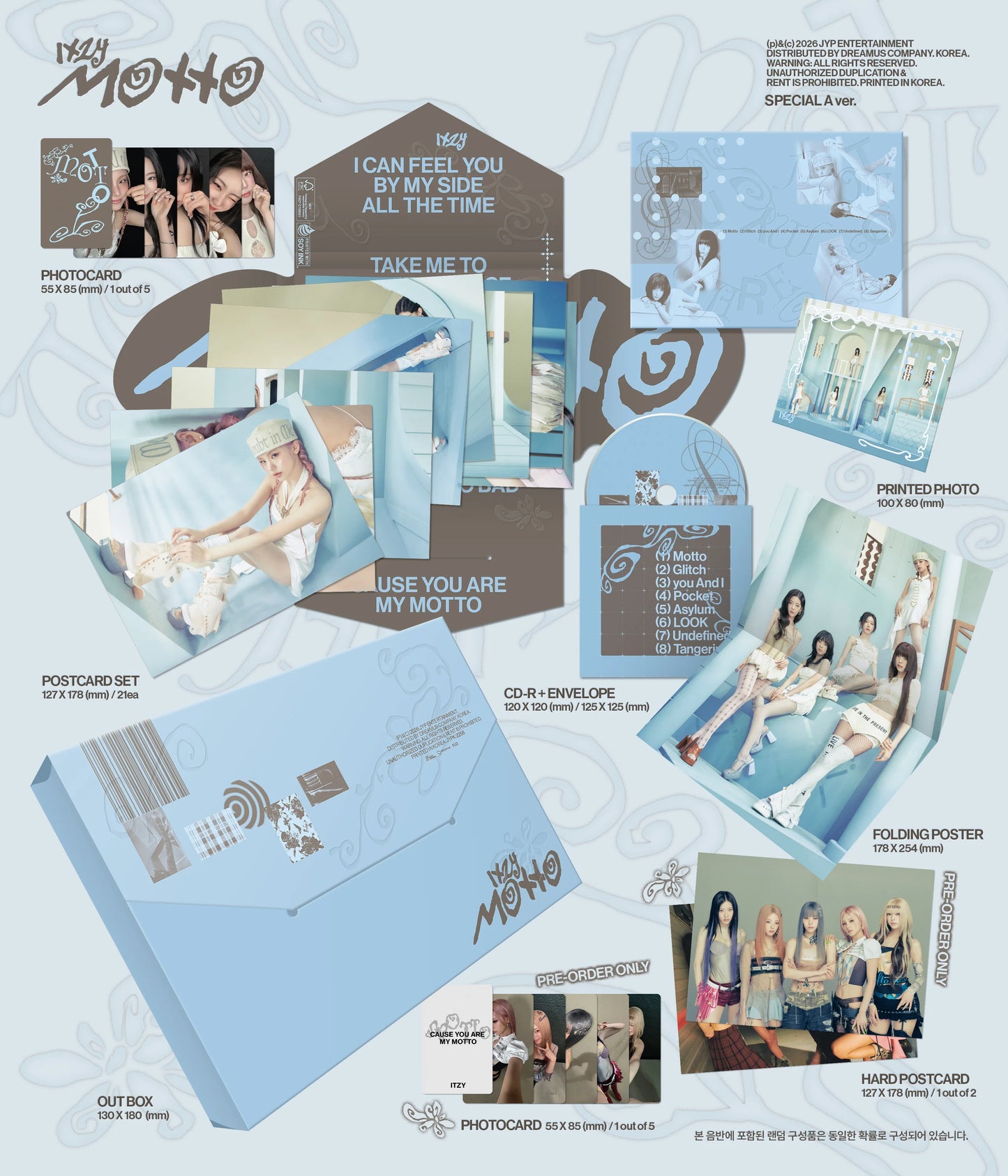 Inclusions of ITZY's MOTTO album, including postcards, photo cards, and folding posters on a light blue background.