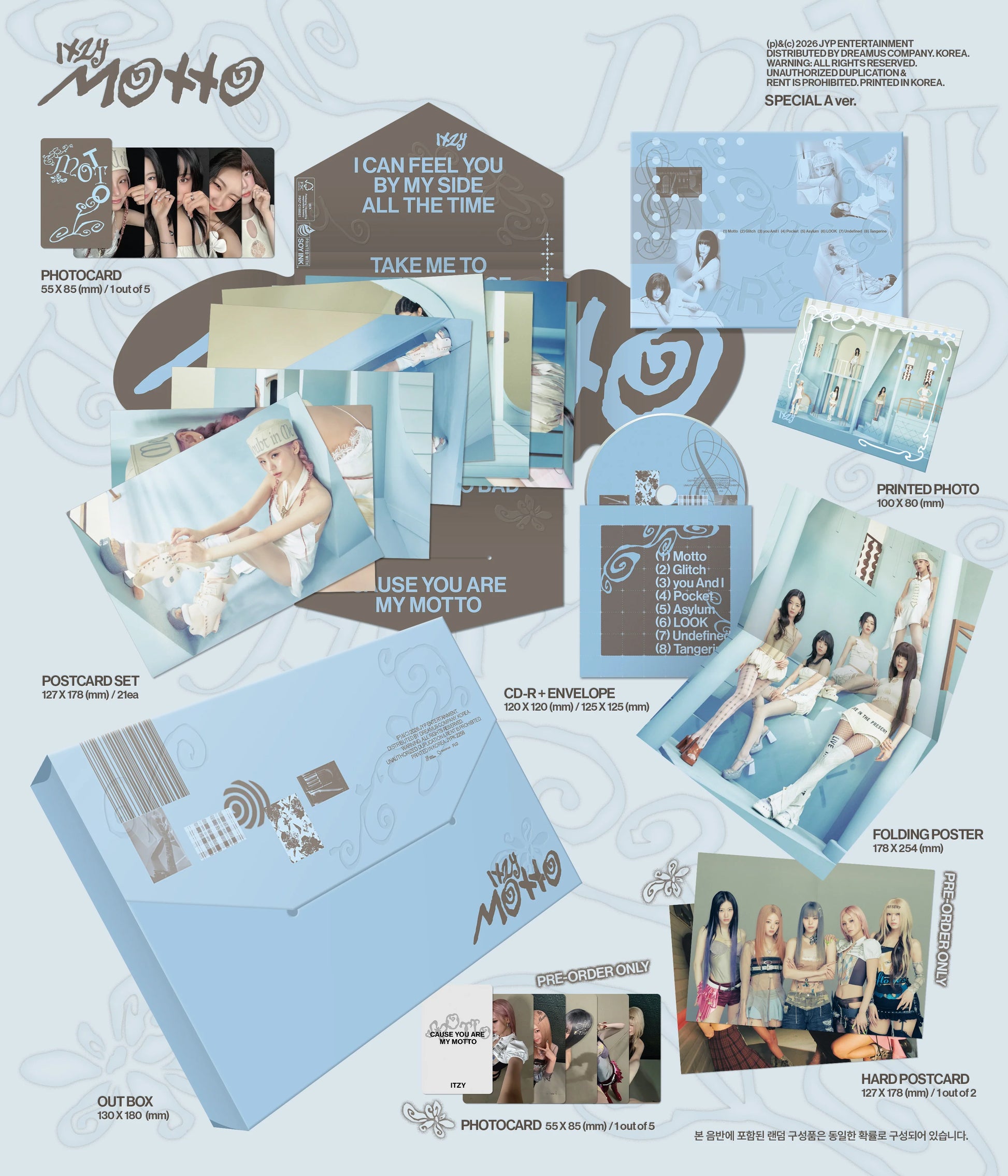 Inclusions of ITZY's MOTTO album, including postcards, photo cards, and folding posters on a light blue background.