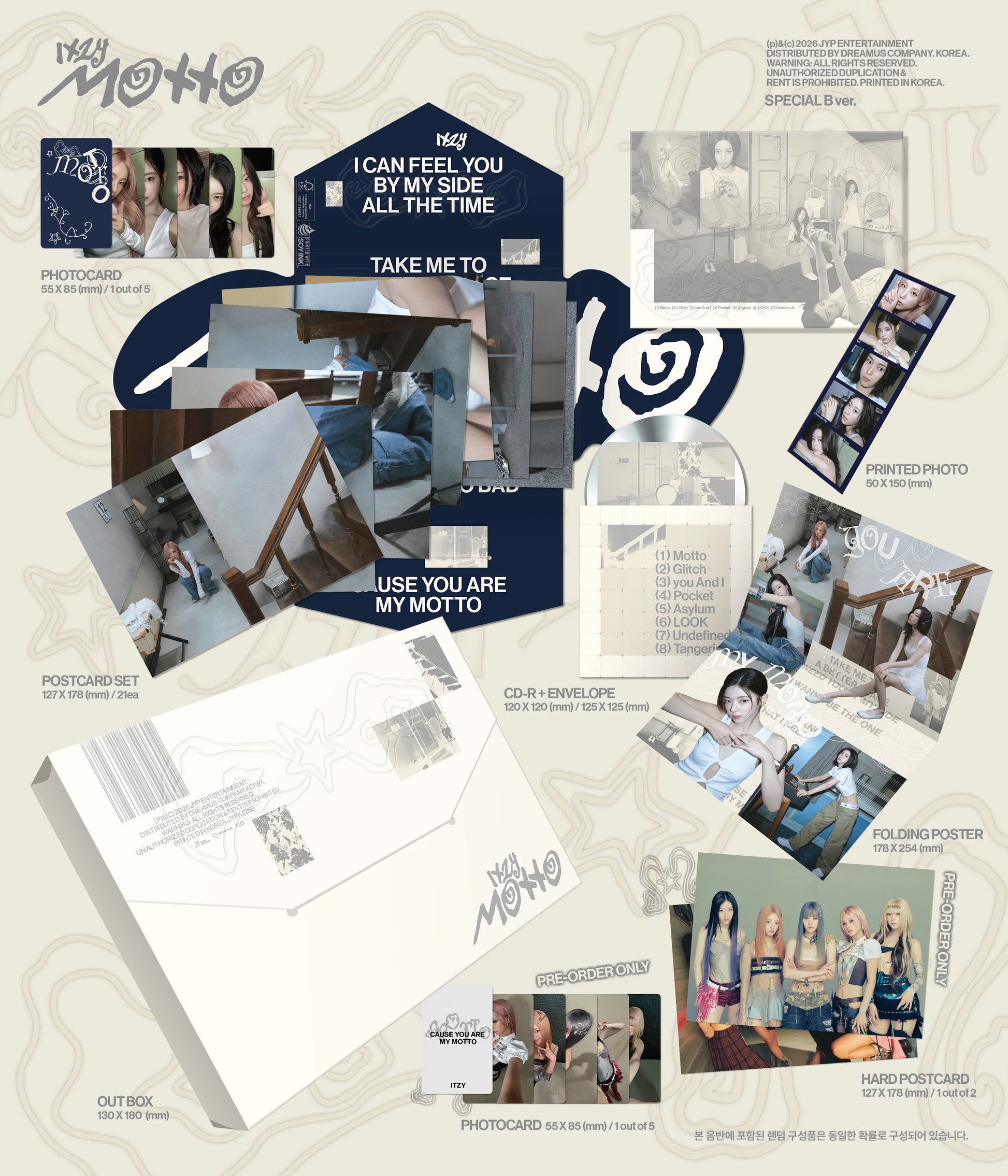 Inclusions of ITZY's MOTTO album, including postcards, photo cards, and folding posters on a textured background.