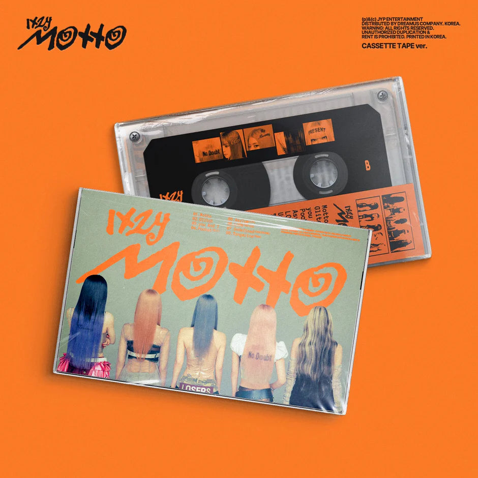 ITZY's Motto cassette tape and cover on an orange background