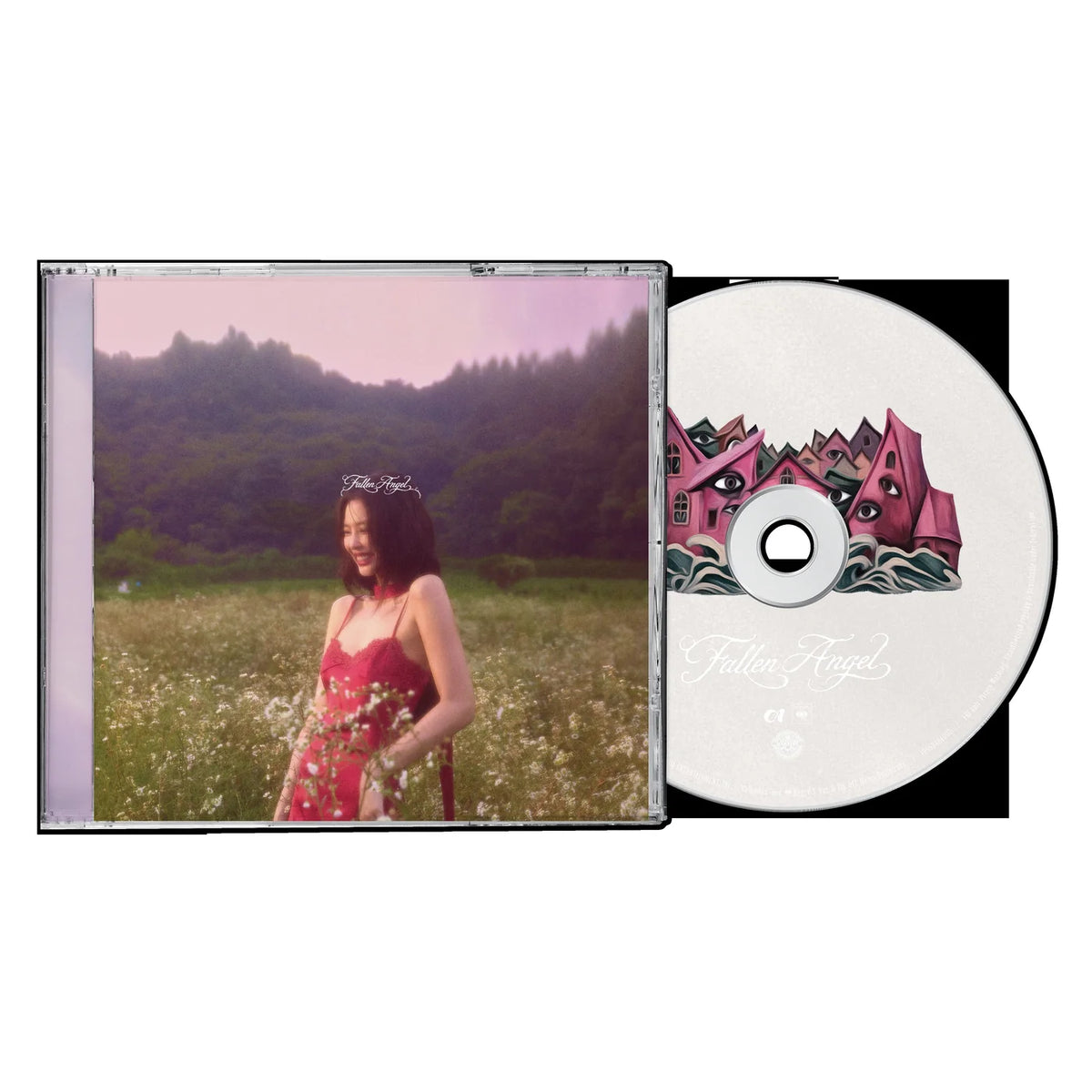 BLACKPINK JENNIE's EP album case and disc shown on a plain white background. The square jewel case features a pastel photo of her standing in a flower field with hills behind her.