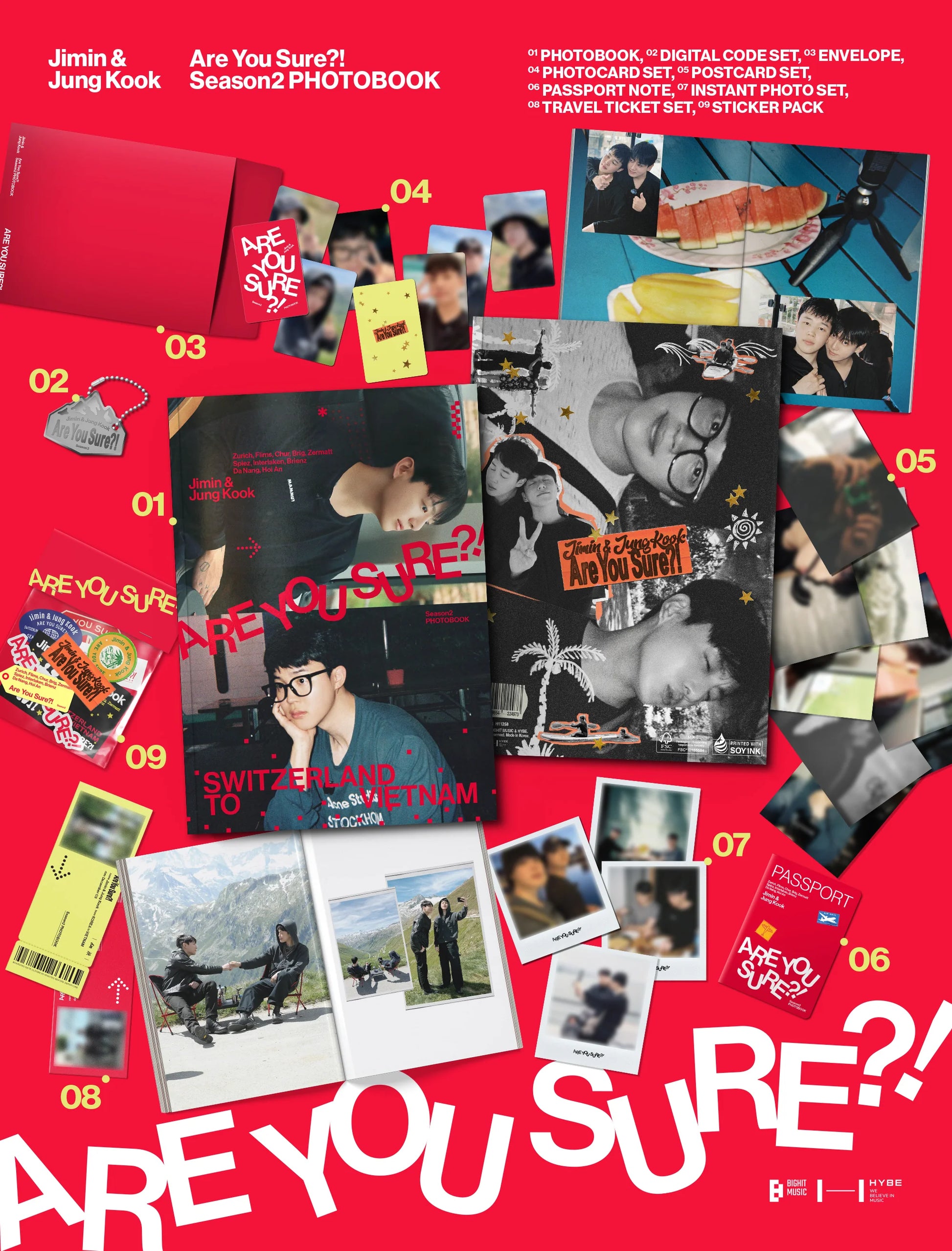 Merch inclusions for BTS's 'Are You Sure?' photobook with multiple items on a red background