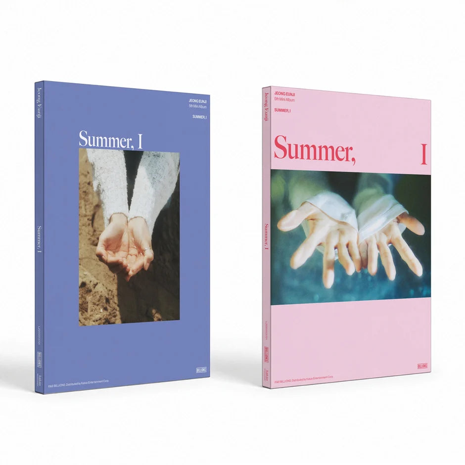 Two hardcover books as Jeong Eun Ji's 5th min album cover standing upright on a white background, one in muted blue with a photo of hands and one in light pink with a matching photo 