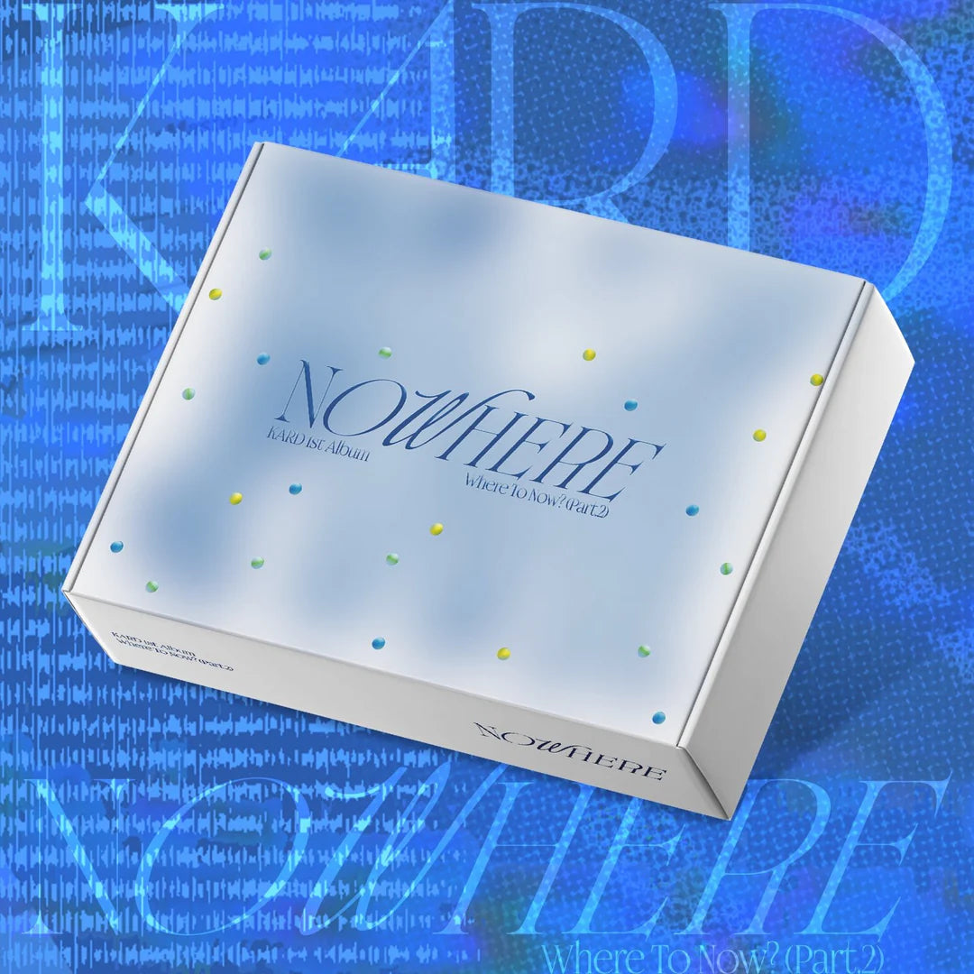 A white rectangular product box with the title 'NOWHERE' printed on the lid and "KARD" text, shown at an angle on a blue patterned background 