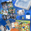 Promotional collage for the NOWHERE KARD 1st album, showing the album box, printed photos, cards, stickers, board game and other included items arranged on a blue background with text labels.