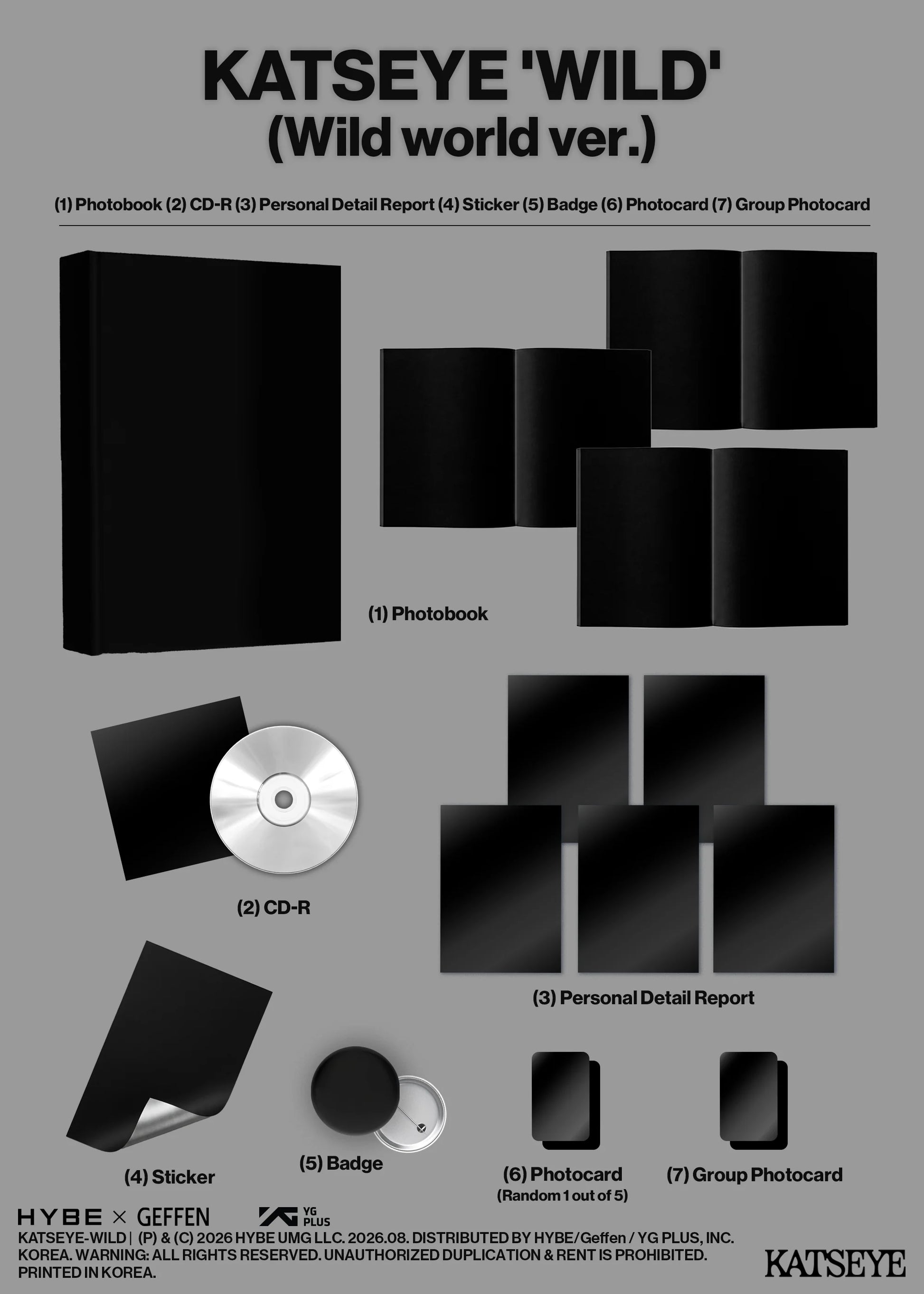 KATSEYE 'WILD' product set with photobook, CD-R, and other items on a gray background