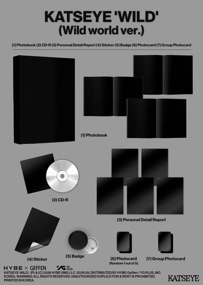 KATSEYE 'WILD' product set with photobook, CD-R, and other items on a gray background