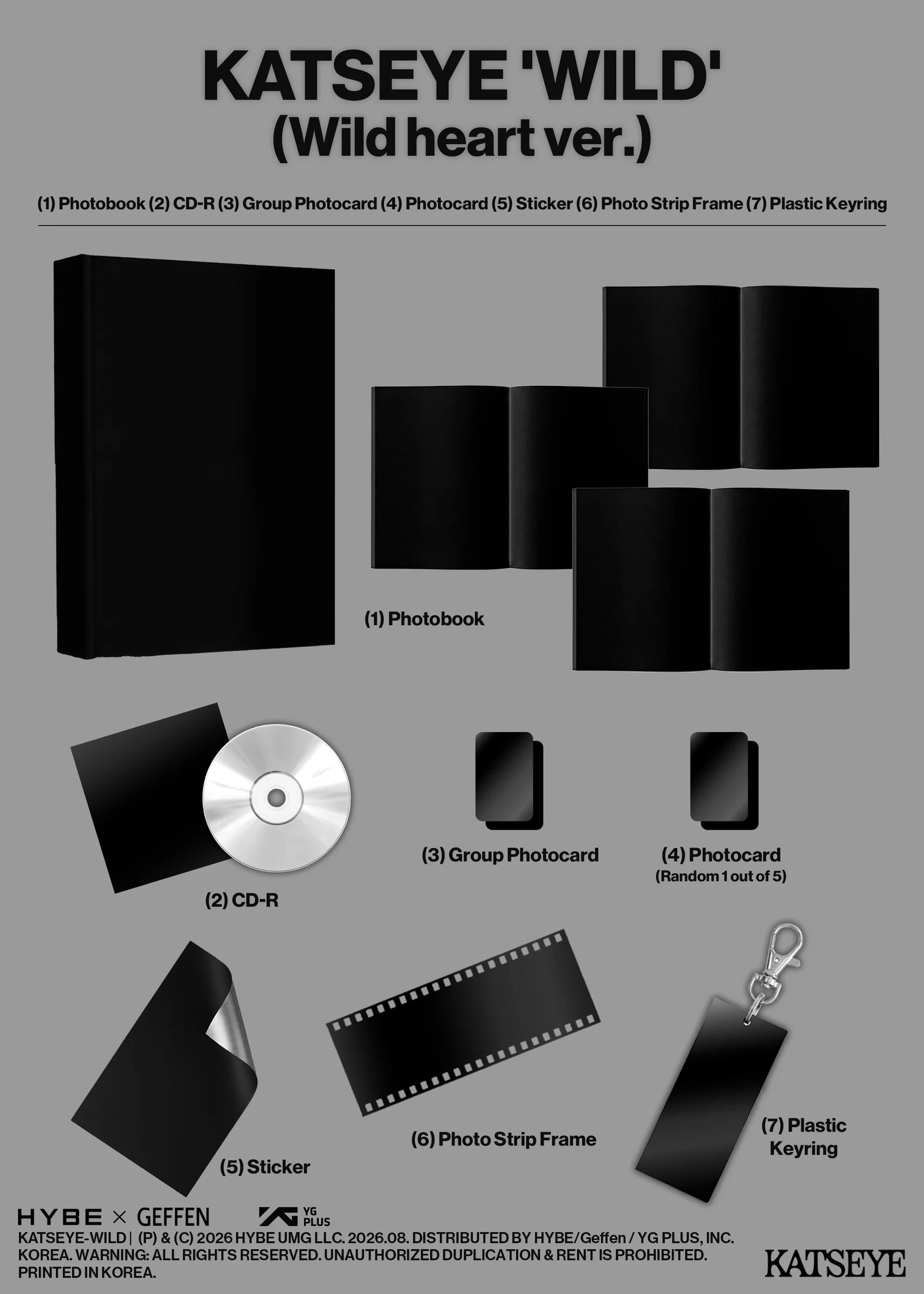 KATSEYE 'WILD' product packaging with various items on a gray background