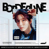 Kihyun's 'Borderline' 3rd Journey Ver. album cover, featuring a portrait of Kihyun with a blue visor and a blue patterned shirt, set against a light blue window background with bold black typography.