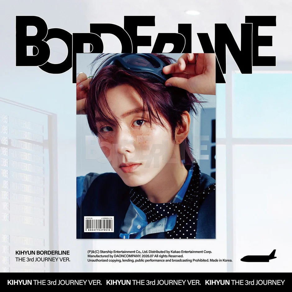 Kihyun's 'Borderline' 3rd Journey Ver. album cover, featuring a portrait of Kihyun with a blue visor and a blue patterned shirt, set against a light blue window background with bold black typography.