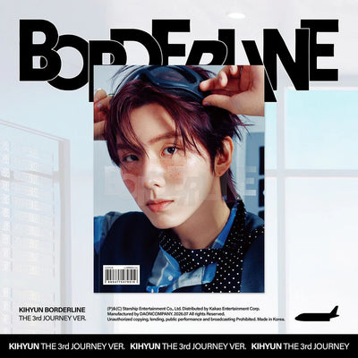 Kihyun's 'Borderline' 3rd Journey Ver. album cover, featuring a portrait of Kihyun with a blue visor and a blue patterned shirt, set against a light blue window background with bold black typography.