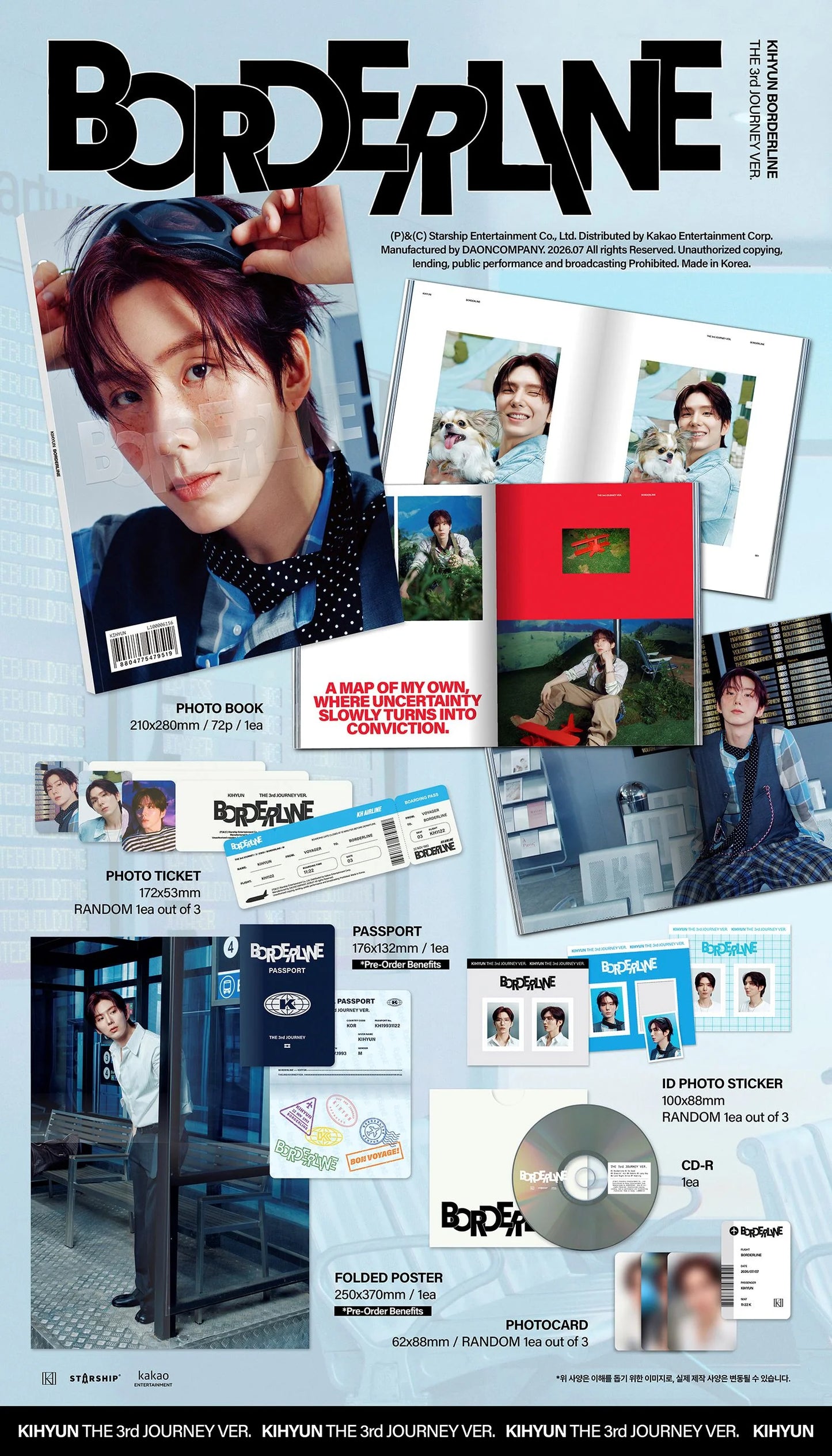 K-pop photo book and CD set packaging for 'Borderline' by KIMYUN, featuring a collage of printed photos, a red CD case, a CD, a photo ticket, and printed inserts on a light blue background.