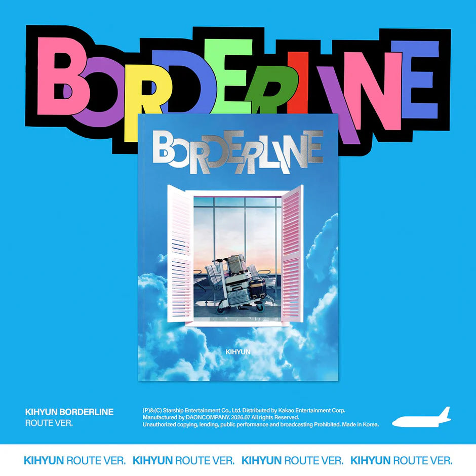 Kihyun 'Borderline' Route Ver. album cover art featuring a bright blue background, large multicolored 'BORDERLINE' text at the top, and a central illustration of a person sitting in a chair framed by open pink shutters with clouds outside.